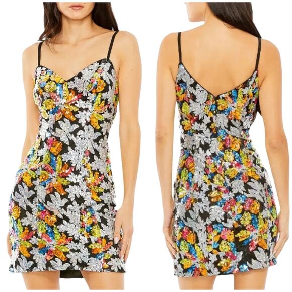 Mac Duggal NWT 26867 Black Sequined Floral Detail Mini Dress Size 2 Sweetheart - Picture 1 of 10